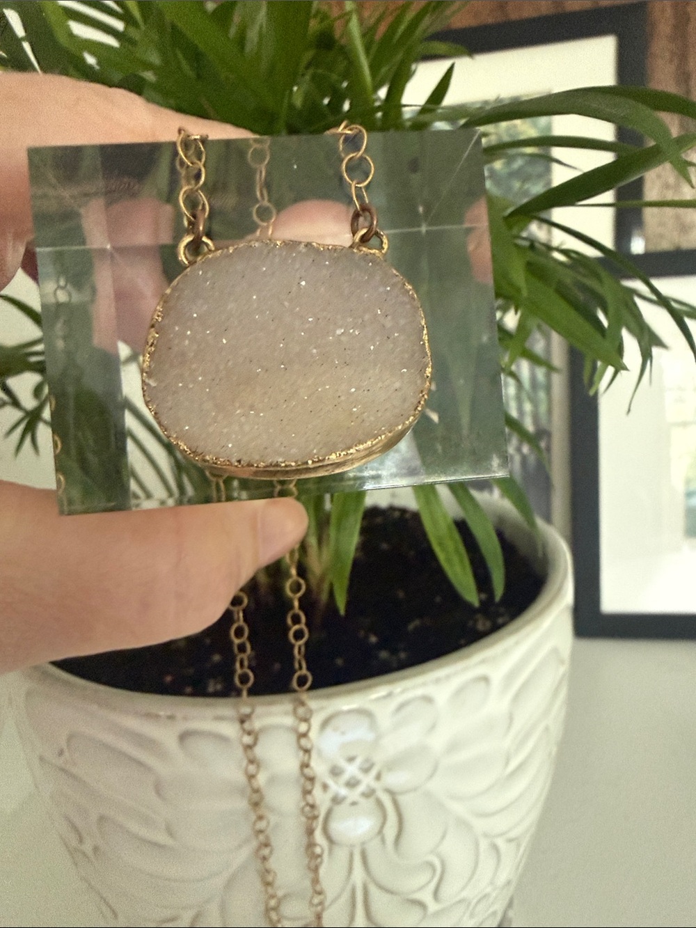Champagne Druzy Quartz Pendant on Circle Link Goldtone Chain - Picture 5 of 10